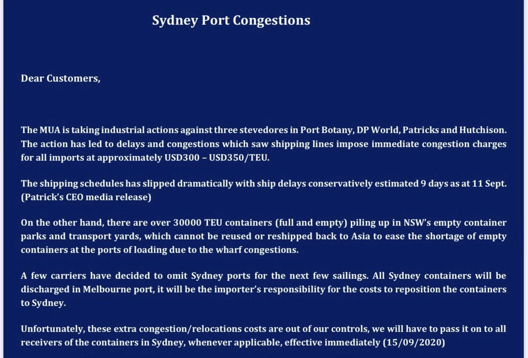 出货注意！悉尼港口拥堵，船司跳港！